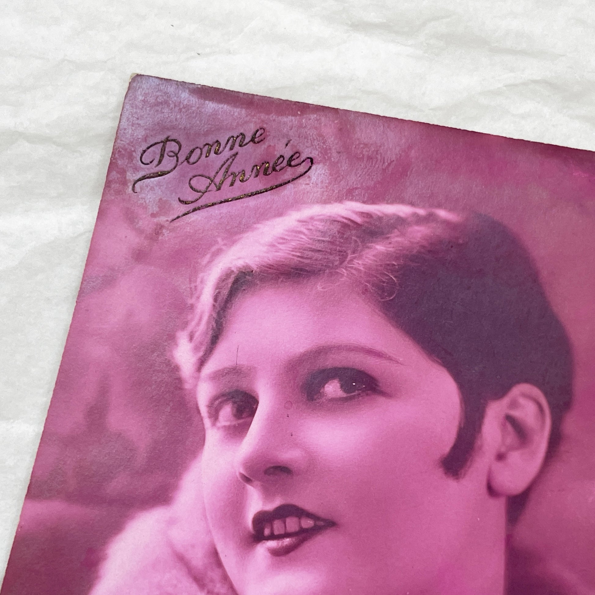 1920s - French Bonne Année Postcard - Vintage Flapper Woman Fur Rose Portrait - Antique Art Deco New Year Greeting Card
