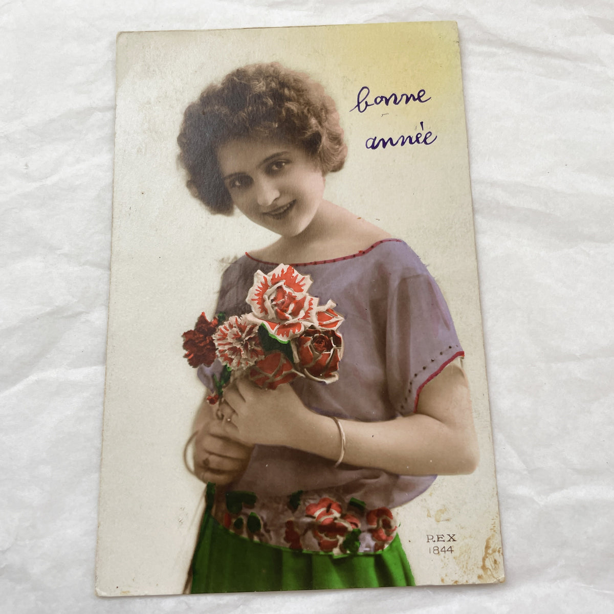 1910s - Beautiful Hand-Colored New Year Postcard - Elegant Young Woman with Flowers - French Antique Greetings Card Collectible