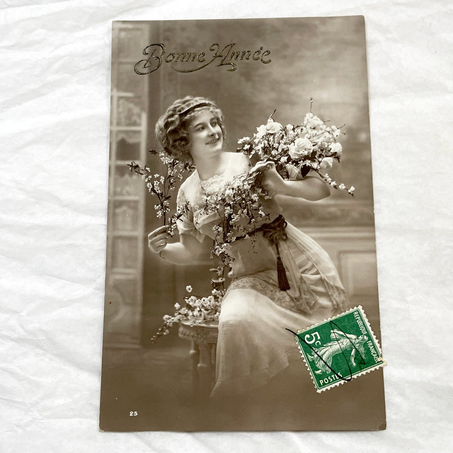 1910s - Vintage French New Year Postcard - Sepia Tone Woman with Flowers - Antique Ephemera Collectible - Elegant Historic Art