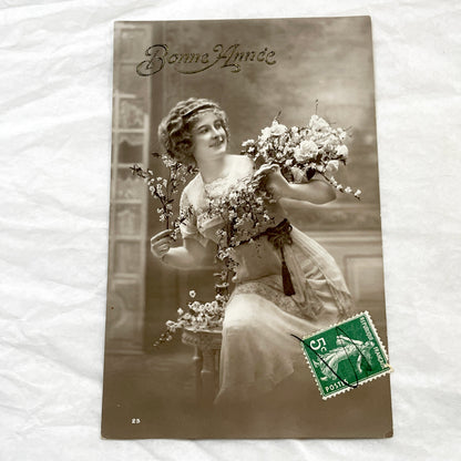 1910s - Vintage French New Year Postcard - Sepia Tone Woman with Flowers - Antique Ephemera Collectible - Elegant Historic Art