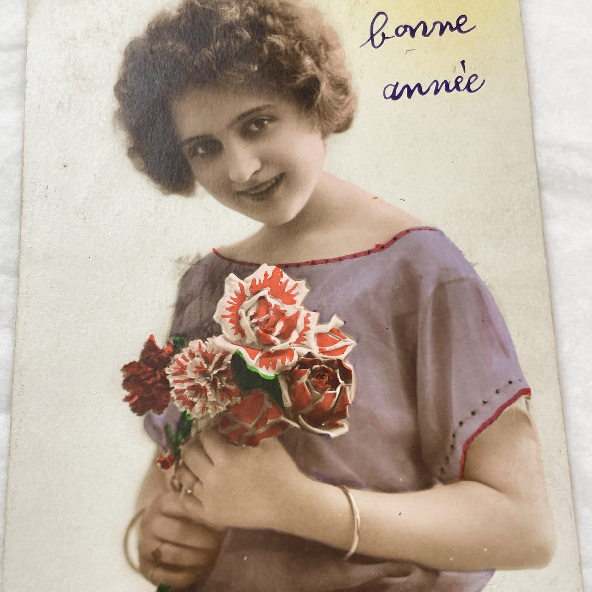 1910s - Beautiful Hand-Colored New Year Postcard - Elegant Young Woman with Flowers - French Antique Greetings Card Collectible