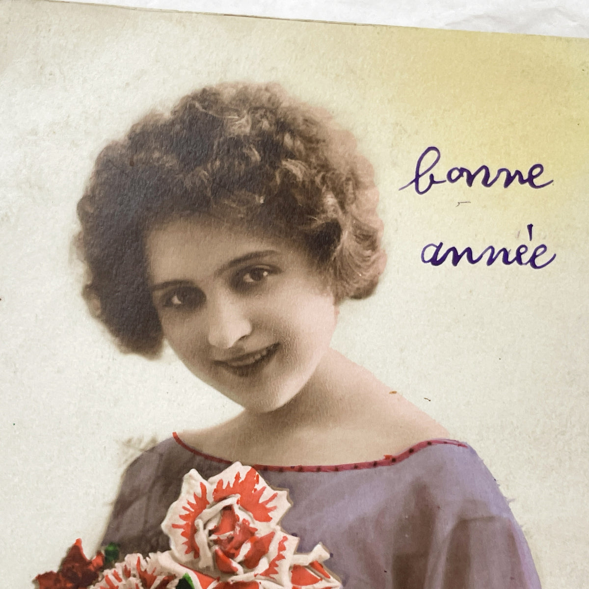 1910s - Beautiful Hand-Colored New Year Postcard - Elegant Young Woman with Flowers - French Antique Greetings Card Collectible