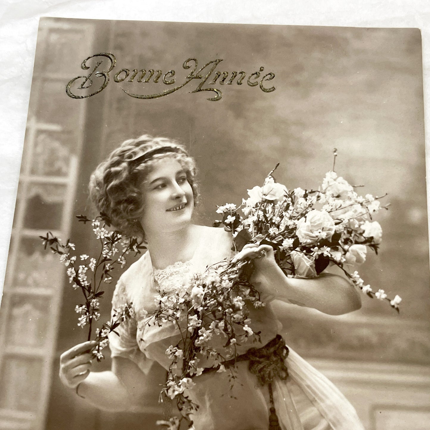 1910s - Vintage French New Year Postcard - Sepia Tone Woman with Flowers - Antique Ephemera Collectible - Elegant Historic Art