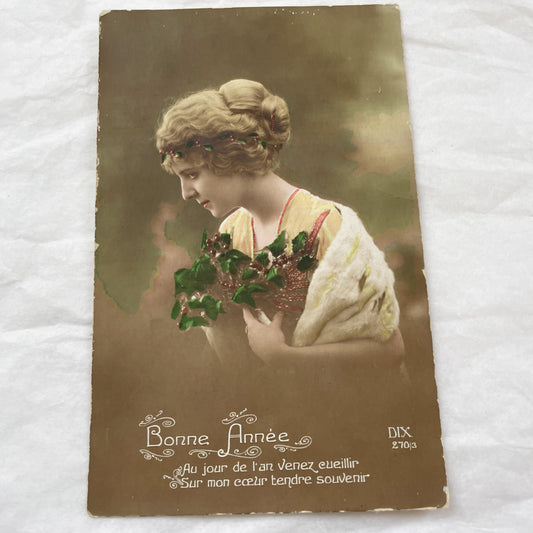 1910s - Beautiful New Year Postcard - Elegant Woman Holding Berries - French Nouvelle Année Greeting - Vintage Sentimental Art