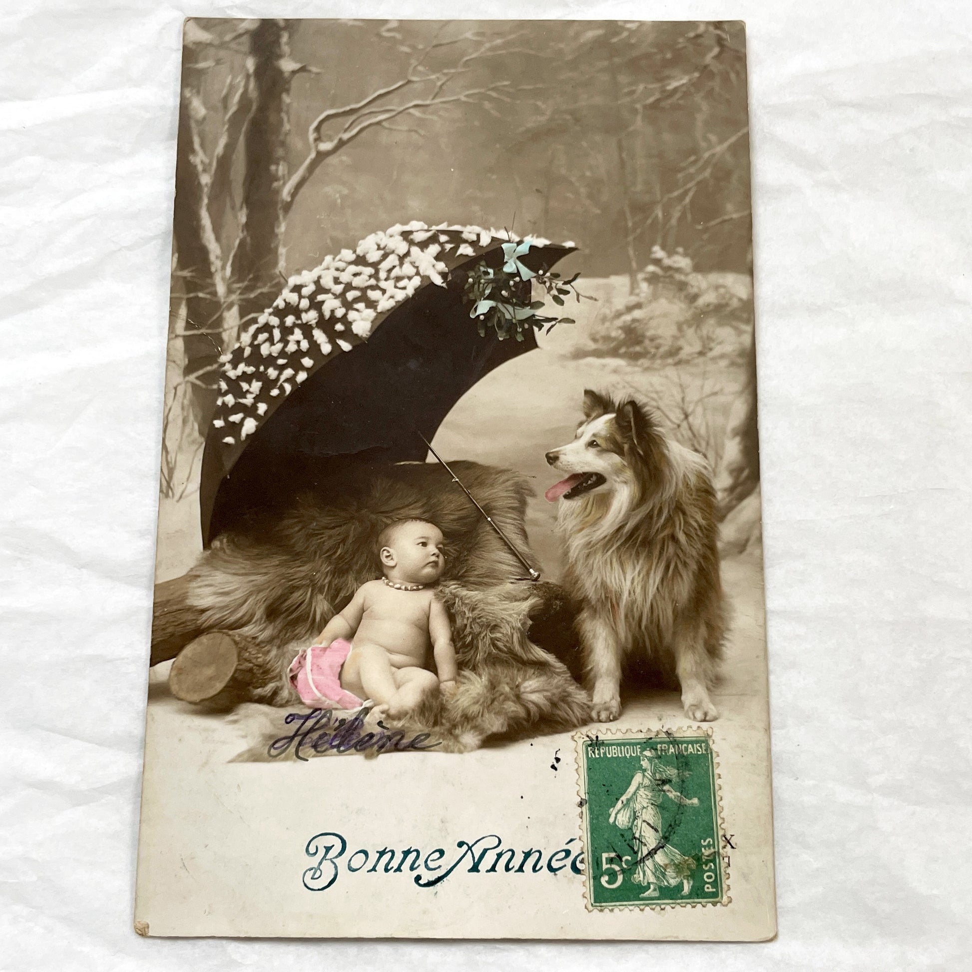 1910s - Vintage French Postcard - Baby, Dog, Umbrella, Snowy Scene - New Year Greeting - Sentimental Winter Imagery - Collectible Ephemera