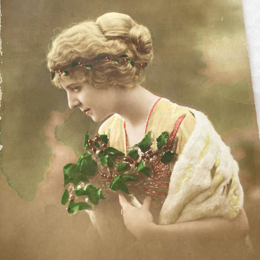 1910s - Beautiful New Year Postcard - Elegant Woman Holding Berries - French Nouvelle Année Greeting - Vintage Sentimental Art