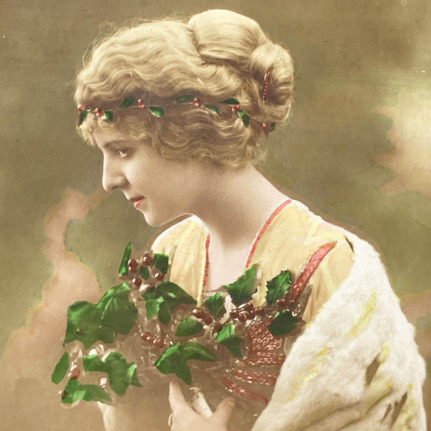 1910s - Beautiful New Year Postcard - Elegant Woman Holding Berries - French Nouvelle Année Greeting - Vintage Sentimental Art