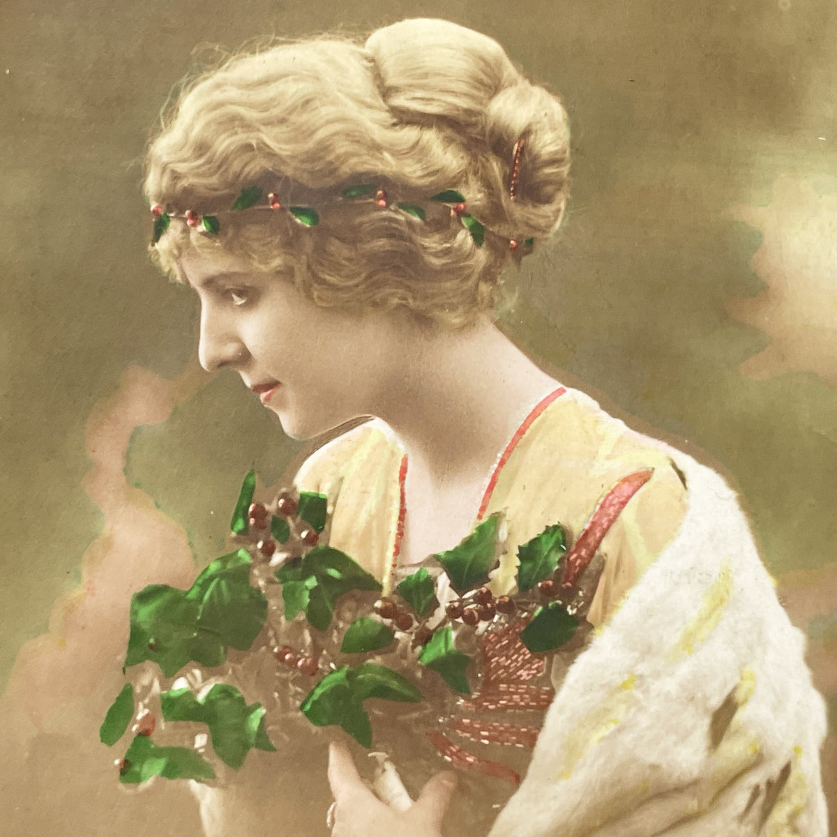 1910s - Beautiful New Year Postcard - Elegant Woman Holding Berries - French Nouvelle Année Greeting - Vintage Sentimental Art