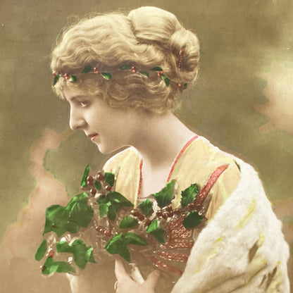 1910s - Beautiful New Year Postcard - Elegant Woman Holding Berries - French Nouvelle Année Greeting - Vintage Sentimental Art