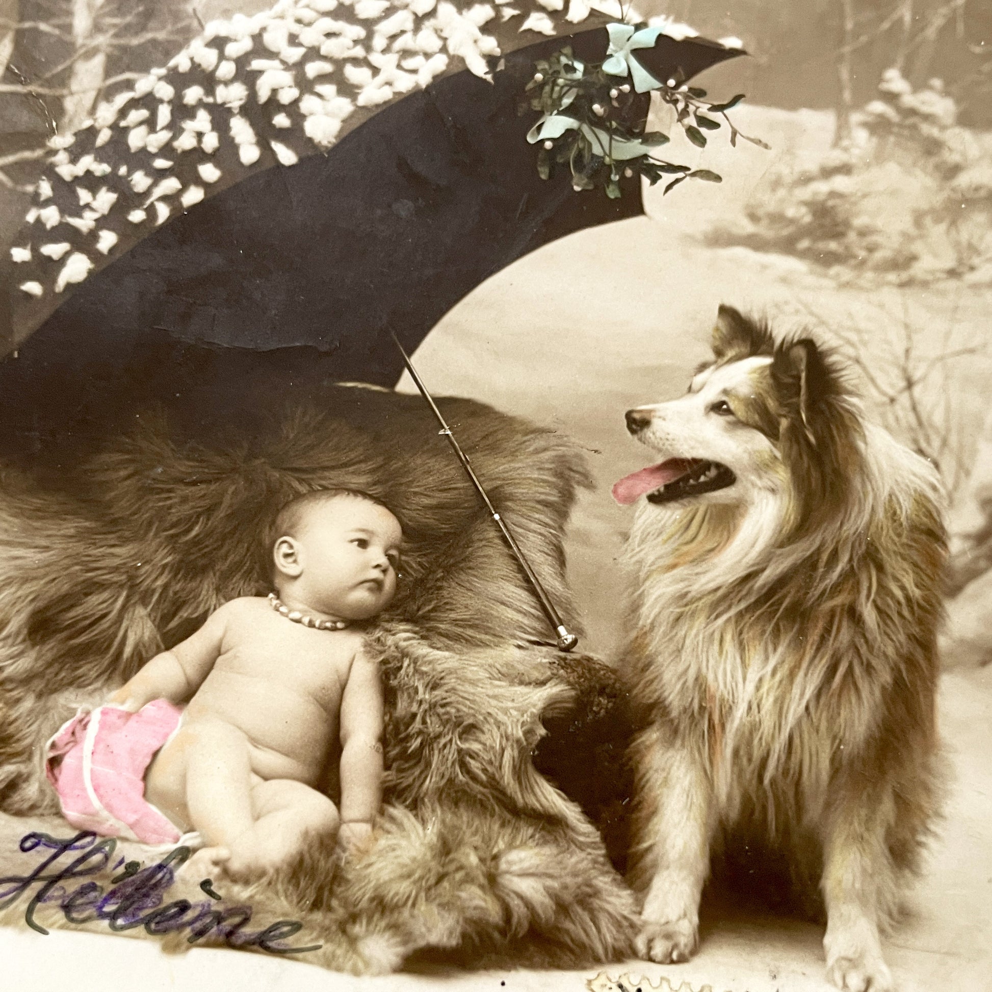 1910s - Vintage French Postcard - Baby, Dog, Umbrella, Snowy Scene - New Year Greeting - Sentimental Winter Imagery - Collectible Ephemera