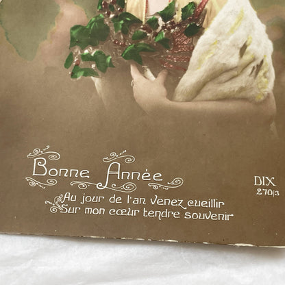 1910s - Beautiful New Year Postcard - Elegant Woman Holding Berries - French Nouvelle Année Greeting - Vintage Sentimental Art