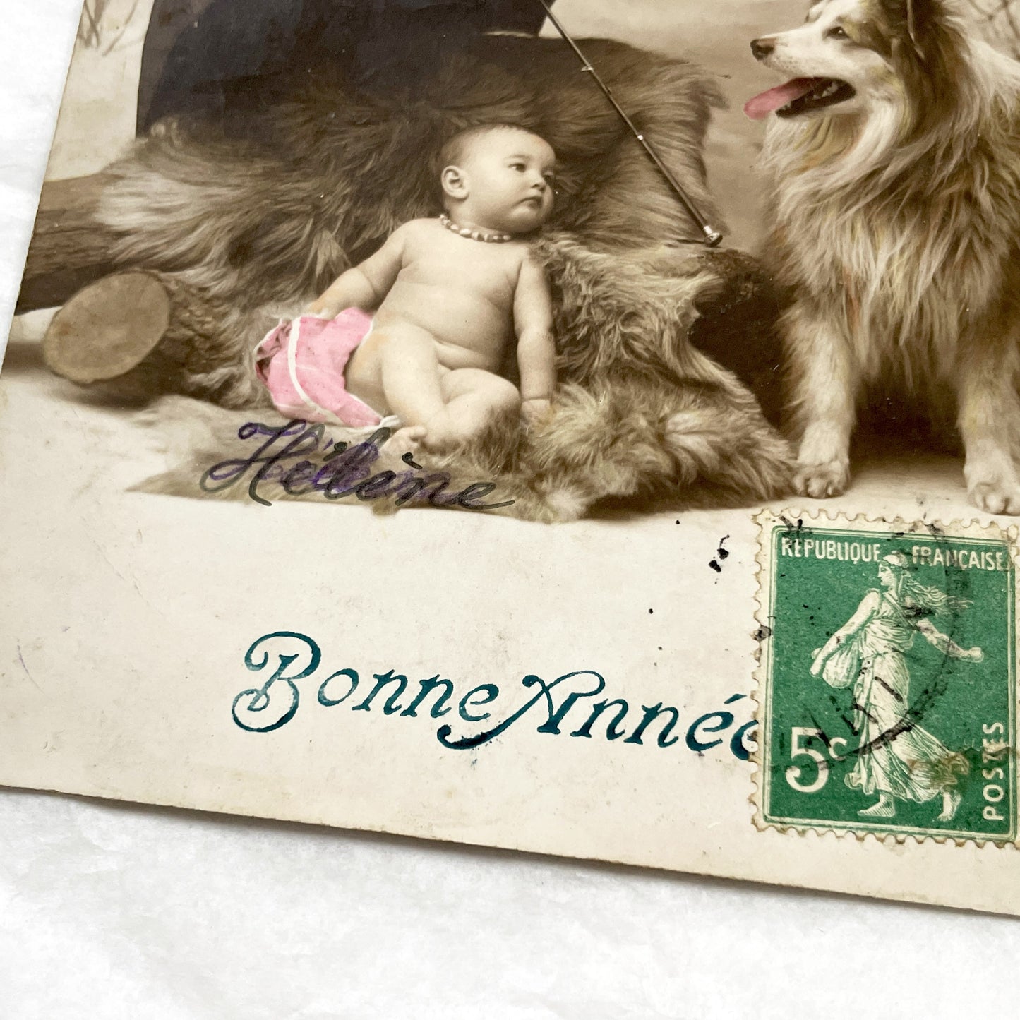 1910s - Vintage French Postcard - Baby, Dog, Umbrella, Snowy Scene - New Year Greeting - Sentimental Winter Imagery - Collectible Ephemera