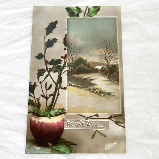 1910s - Vintage French New Year Postcard - Winter Landscape with Holly Decoration - Festive Greeting Card for Collectibles and Crafts
