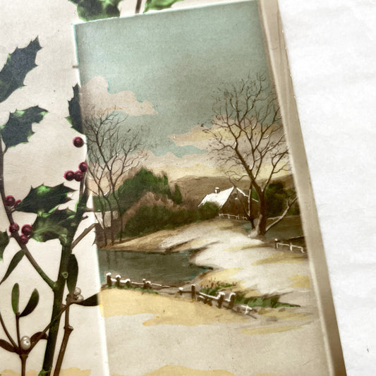1910s - Vintage French New Year Postcard - Winter Landscape with Holly Decoration - Festive Greeting Card for Collectibles and Crafts