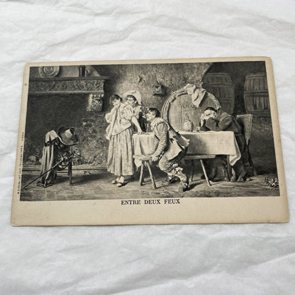 1900s - Vintage French Postcard - Entre Deux Feux Illustration - Humorous Romantic Scene - Baroque Era Tavern Life - Old French Art Print