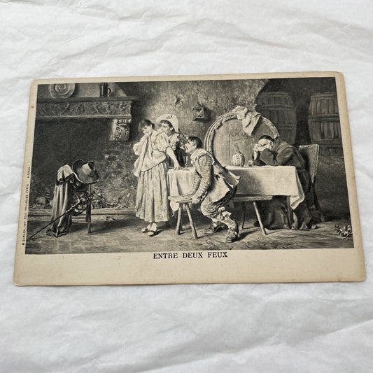 1900s - Vintage French Postcard - Entre Deux Feux Illustration - Humorous Romantic Scene - Baroque Era Tavern Life - Old French Art Print