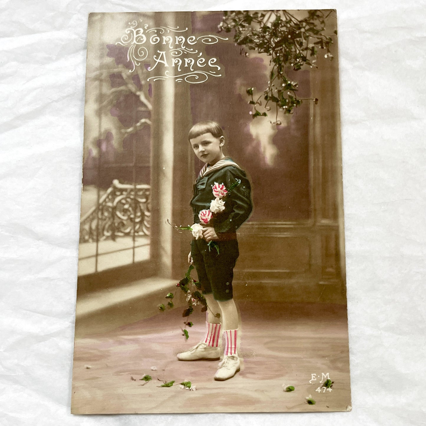 1910s - Vintage French New Year Postcard - Young Boy in Sailor Suit - Hand-Tinted Roses - Antique Children's Portrait - Collectible Ephemera