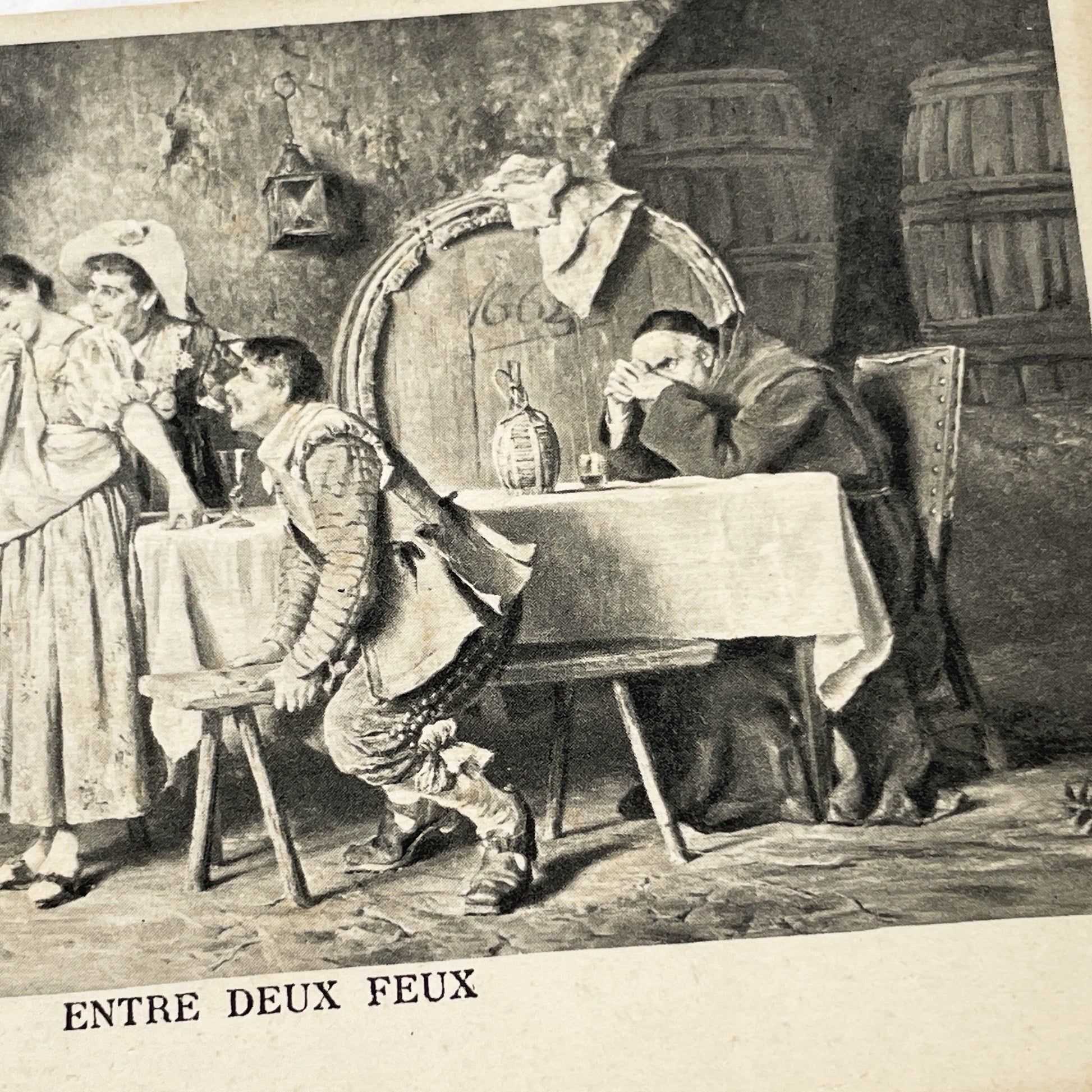 1900s - Vintage French Postcard - Entre Deux Feux Illustration - Humorous Romantic Scene - Baroque Era Tavern Life - Old French Art Print