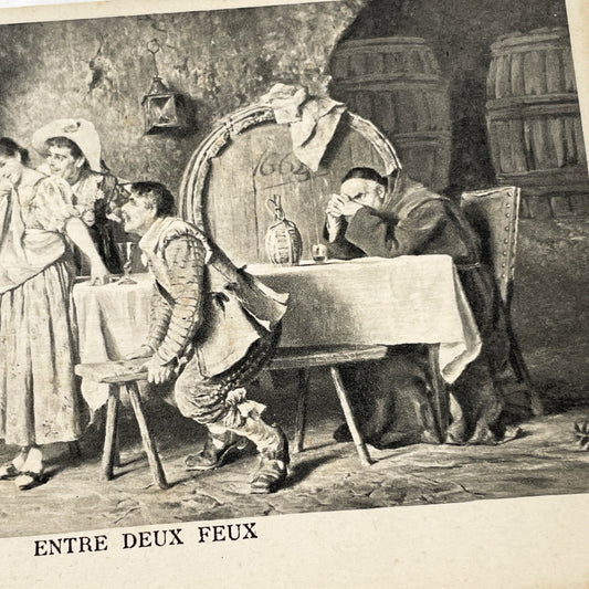 1900s - Vintage French Postcard - Entre Deux Feux Illustration - Humorous Romantic Scene - Baroque Era Tavern Life - Old French Art Print