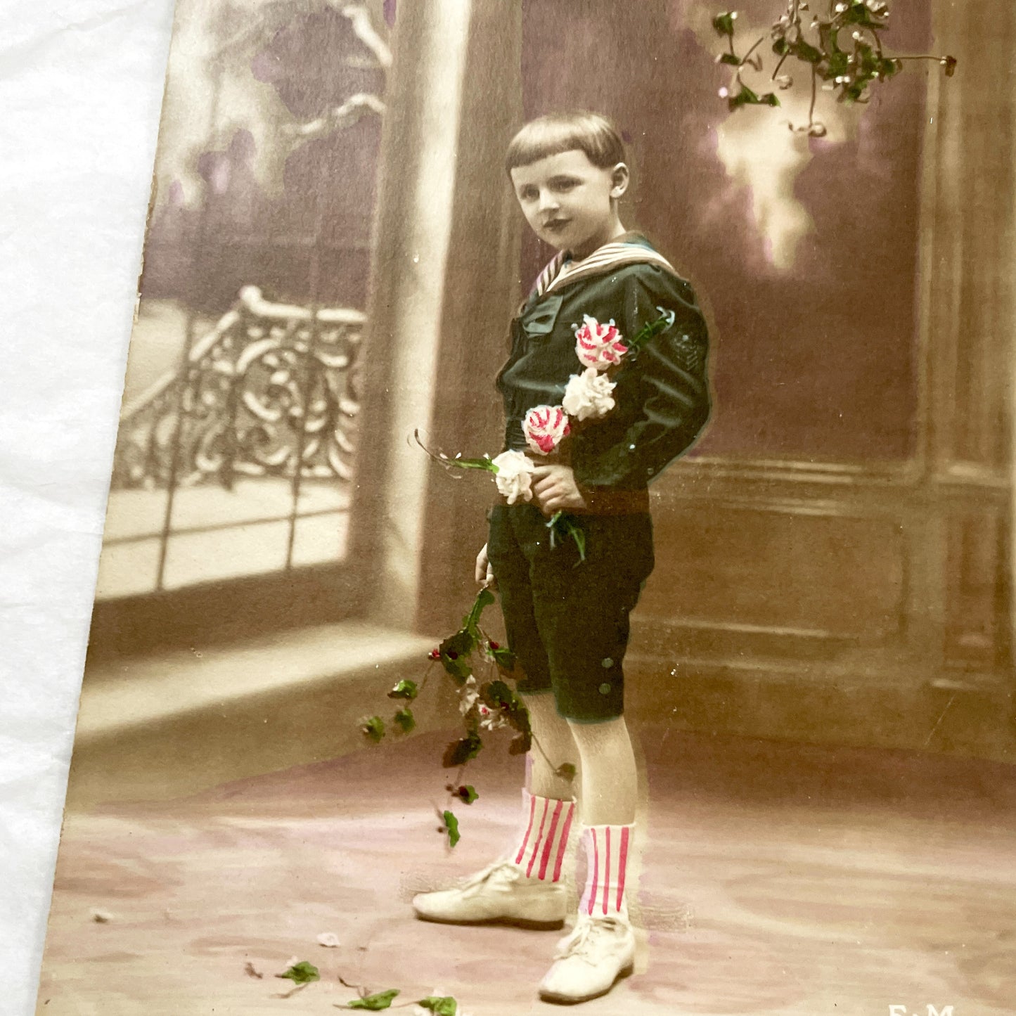1910s - Vintage French New Year Postcard - Young Boy in Sailor Suit - Hand-Tinted Roses - Antique Children's Portrait - Collectible Ephemera