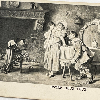1900s - Vintage French Postcard - Entre Deux Feux Illustration - Humorous Romantic Scene - Baroque Era Tavern Life - Old French Art Print