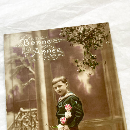 1910s - Vintage French New Year Postcard - Young Boy in Sailor Suit - Hand-Tinted Roses - Antique Children's Portrait - Collectible Ephemera