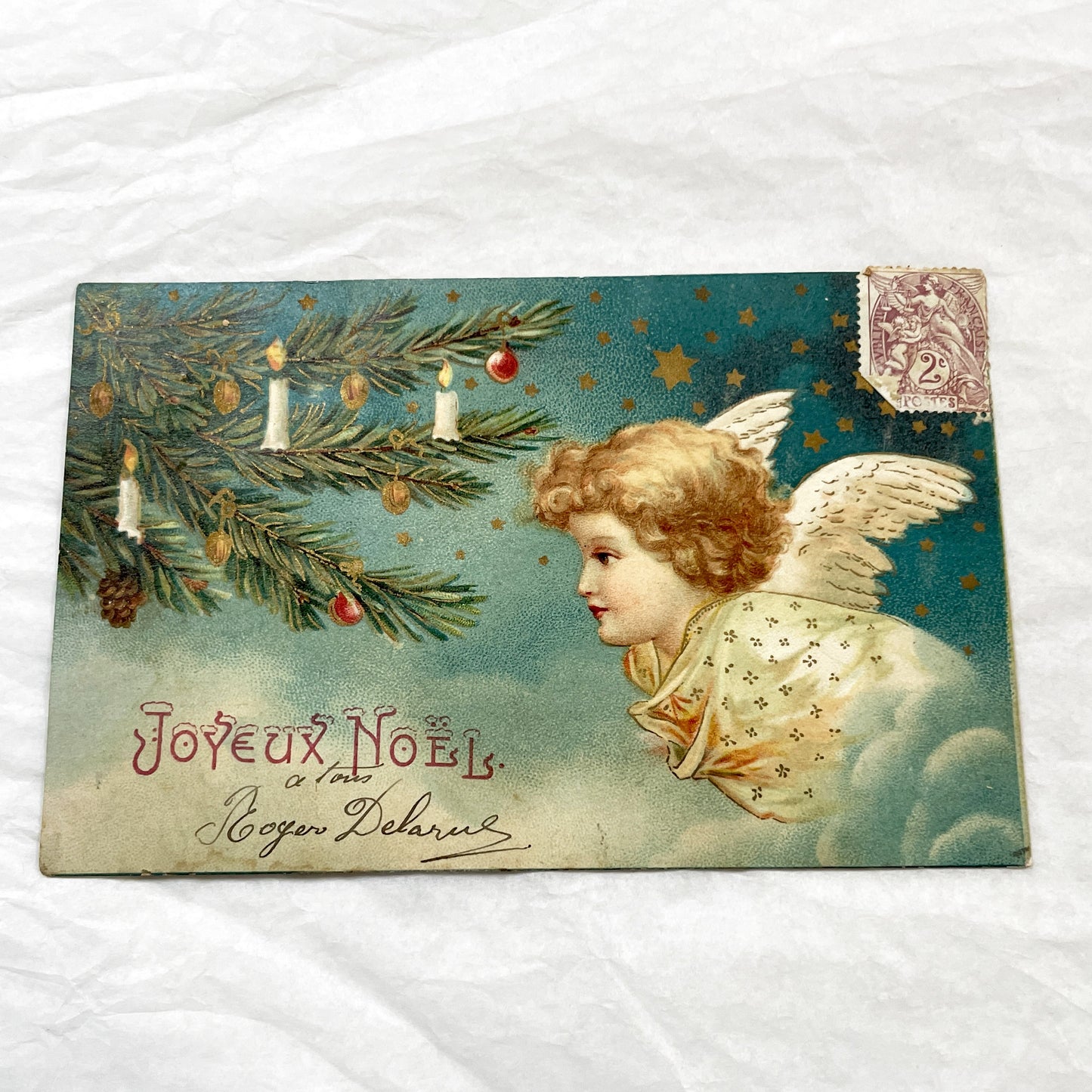 1900s - Vintage French Christmas Postcard - Angel with Christmas Tree - Candles - Festive Holiday Art - Signed Roger Delarus.