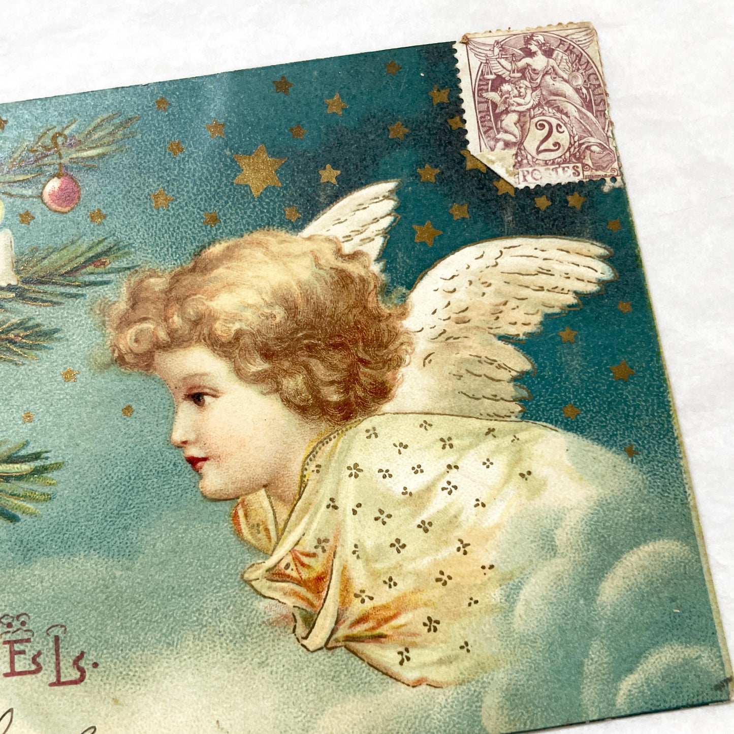 1900s - Vintage French Christmas Postcard - Angel with Christmas Tree - Candles - Festive Holiday Art - Signed Roger Delarus.