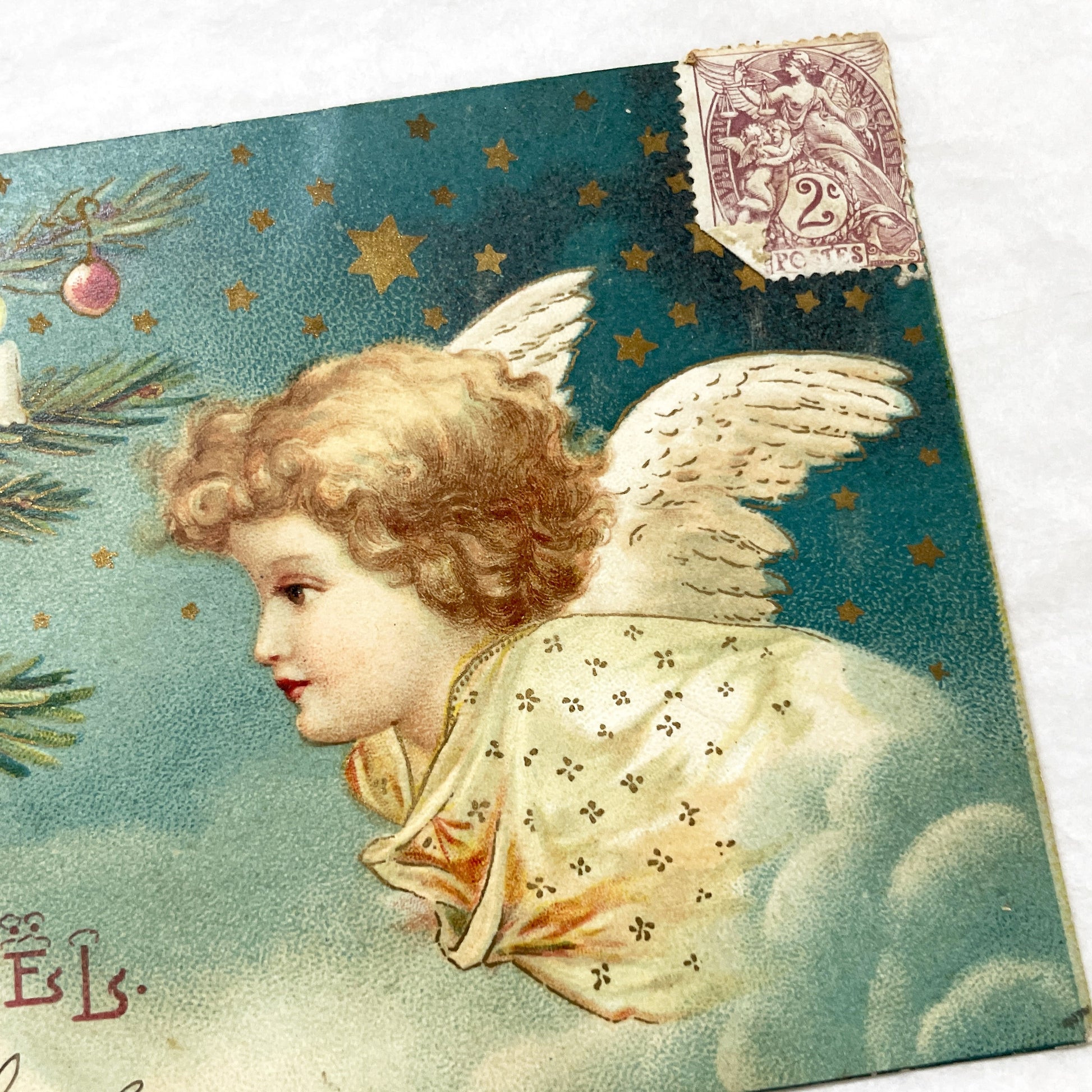 1900s - Vintage French Christmas Postcard - Angel with Christmas Tree - Candles - Festive Holiday Art - Signed Roger Delarus.