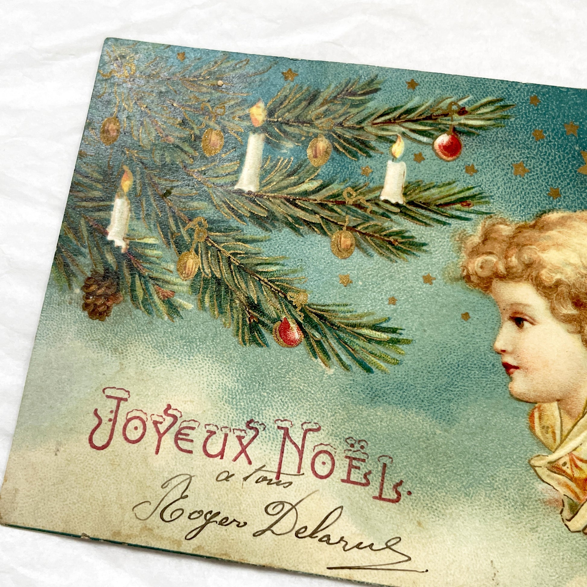 1900s - Vintage French Christmas Postcard - Angel with Christmas Tree - Candles - Festive Holiday Art - Signed Roger Delarus.