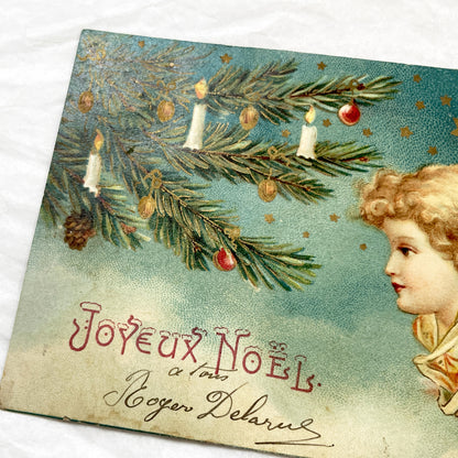 1900s - Vintage French Christmas Postcard - Angel with Christmas Tree - Candles - Festive Holiday Art - Signed Roger Delarus.