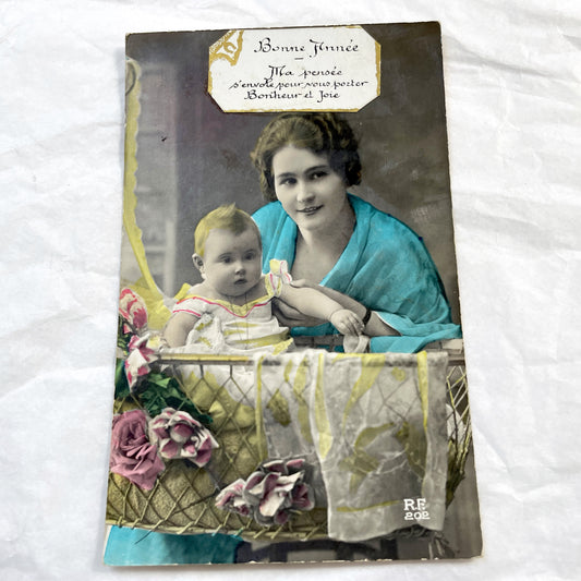 1910s - Antique French New Year Postcard - Mother & Baby Hand-Colored Photo - Vintage Family Portrait - Ephemera Collectible