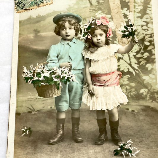 1910s - French Children Lily Of The Valley Postcard - Vintage Hand-Colored Photo - Muguet Du Bonheur - Antique French Good Luck May Day Card