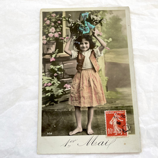 1910s - French May Day Postcard - Charming Hand-Colored Photo - Barefoot Girl with Lily of the Valley Basket - Vintage France Ephemera Art