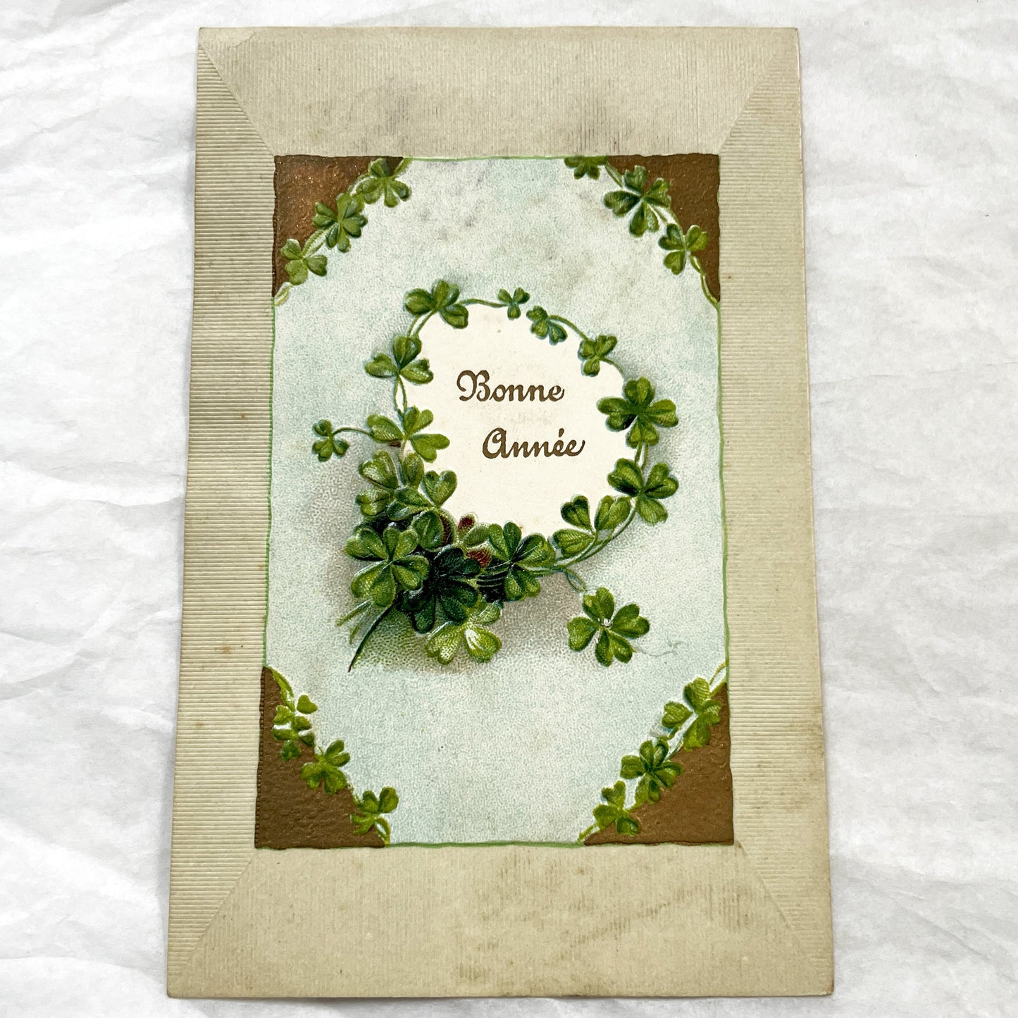 1900s - Vintage French New Year Postcard - Four-Leaf Clover Design - Embossed Paper - Antique Holiday Ephemera - Collectible Greeting Card