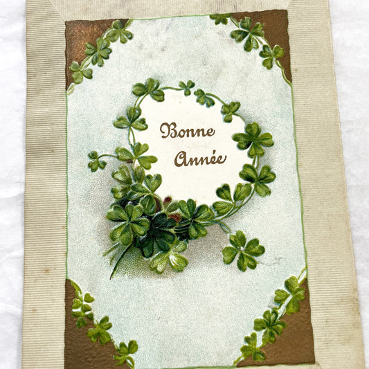 1900s - Vintage French New Year Postcard - Four-Leaf Clover Design - Embossed Paper - Antique Holiday Ephemera - Collectible Greeting Card