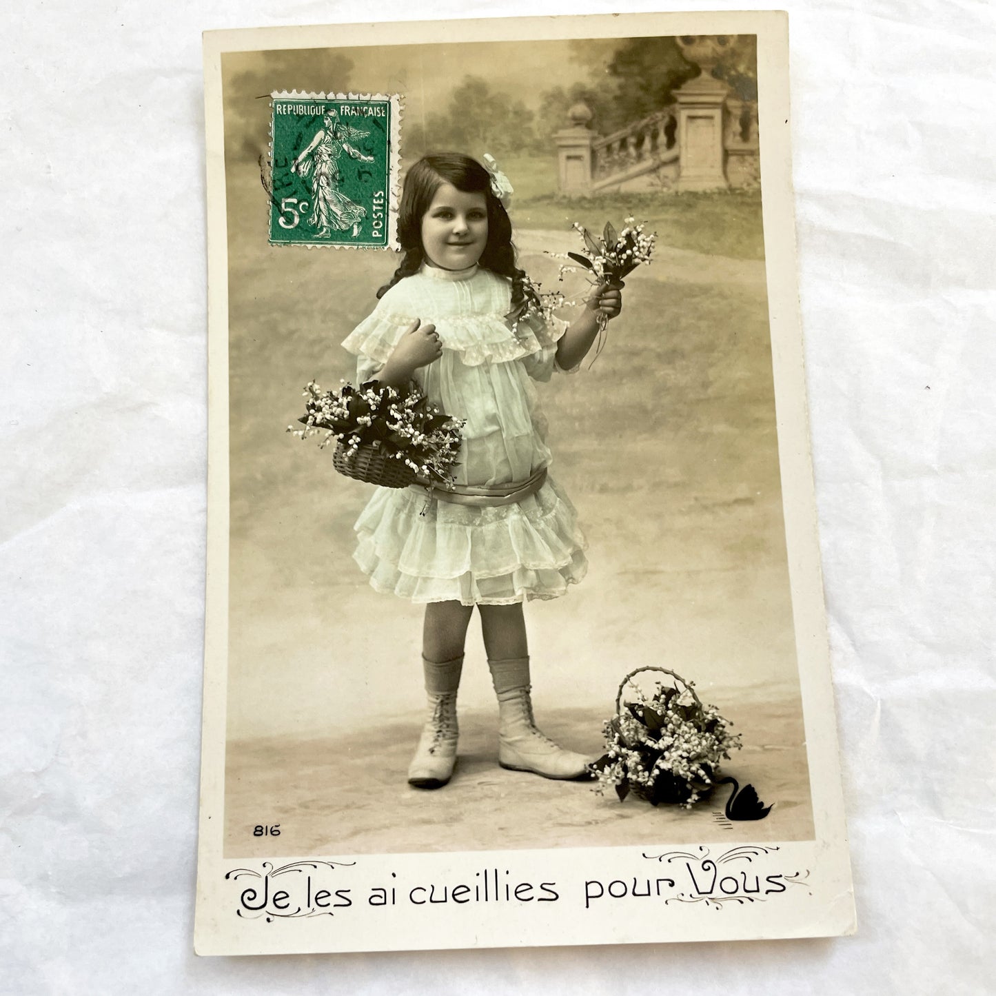 1900s - Antique French Postcard - Young Girl With Lily Of The Valley Flowers - Charming Vintage Sepia Photography Card - Ephemera Souvenir