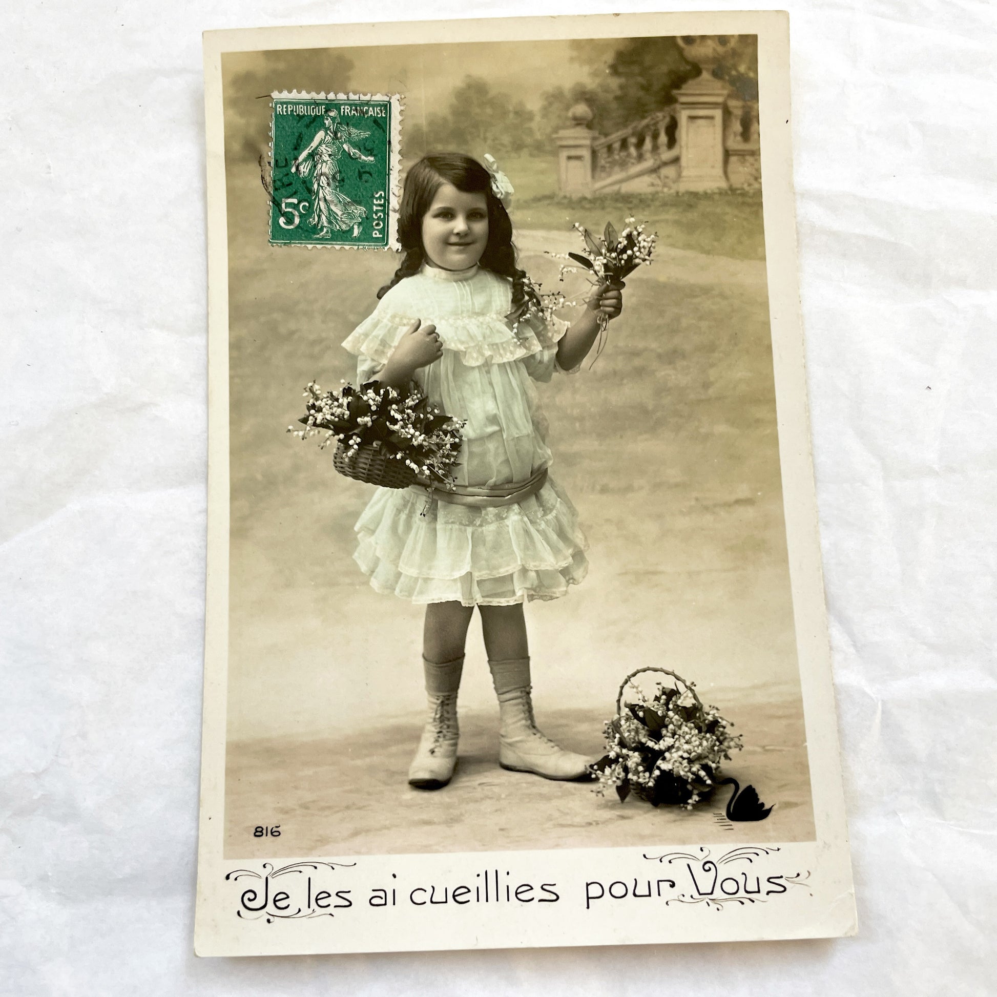 1900s - Antique French Postcard - Young Girl With Lily Of The Valley Flowers - Charming Vintage Sepia Photography Card - Ephemera Souvenir