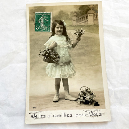 1900s - Antique French Postcard - Young Girl With Lily Of The Valley Flowers - Charming Vintage Sepia Photography Card - Ephemera Souvenir