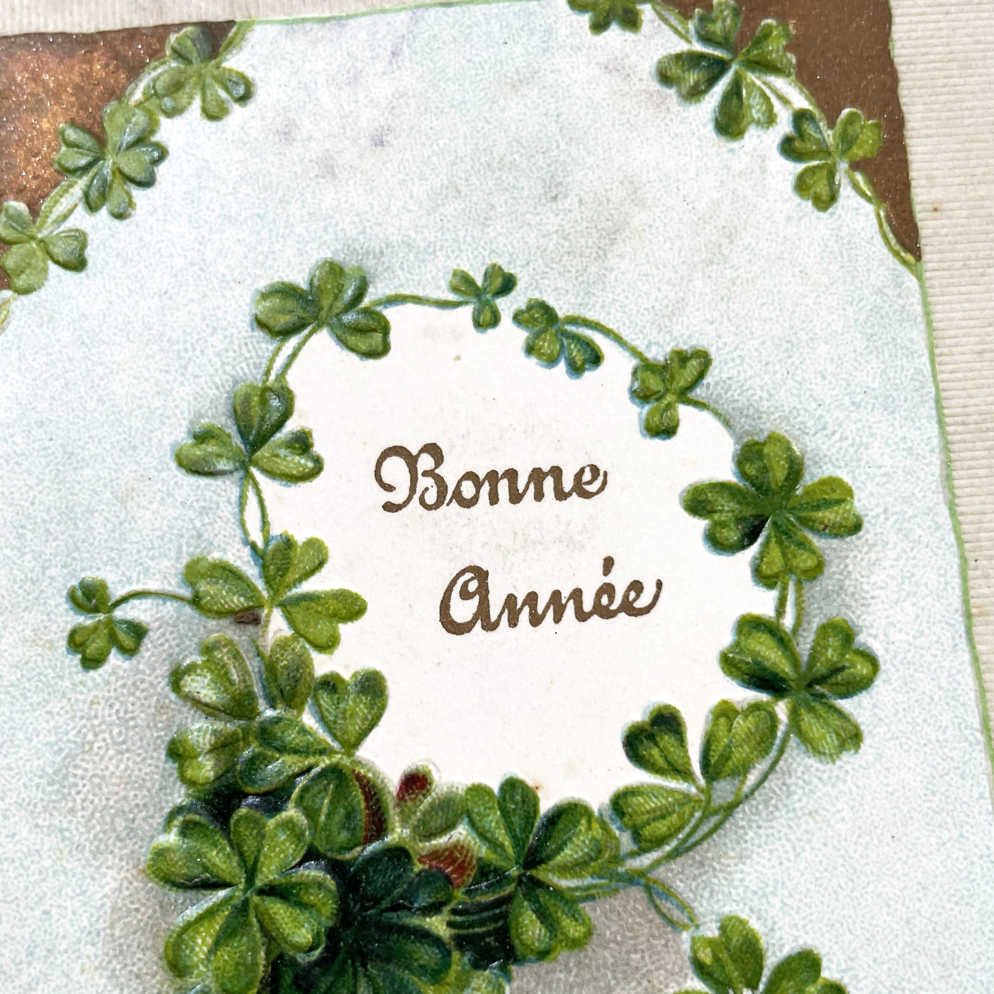 1900s - Vintage French New Year Postcard - Four-Leaf Clover Design - Embossed Paper - Antique Holiday Ephemera - Collectible Greeting Card