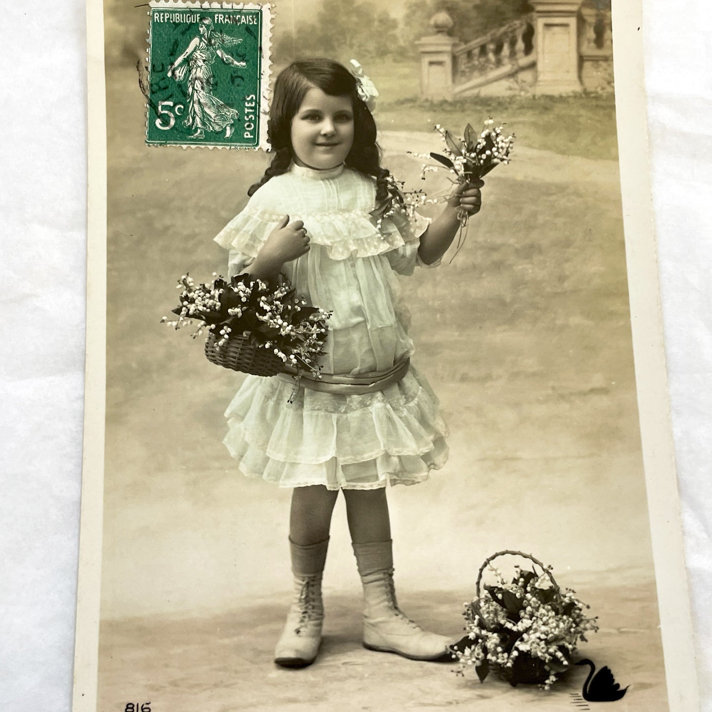 1900s - Antique French Postcard - Young Girl With Lily Of The Valley Flowers - Charming Vintage Sepia Photography Card - Ephemera Souvenir