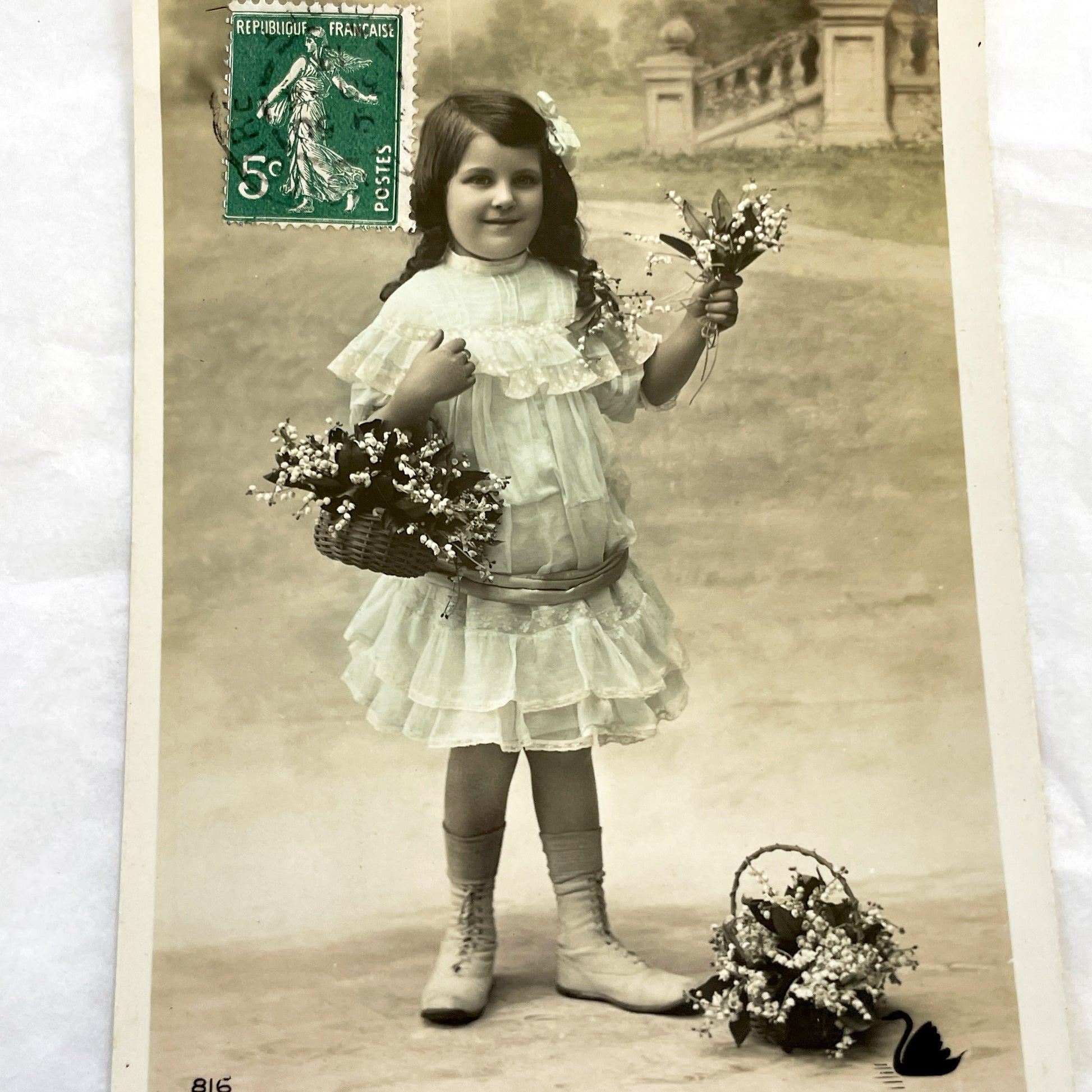 1900s - Antique French Postcard - Young Girl With Lily Of The Valley Flowers - Charming Vintage Sepia Photography Card - Ephemera Souvenir