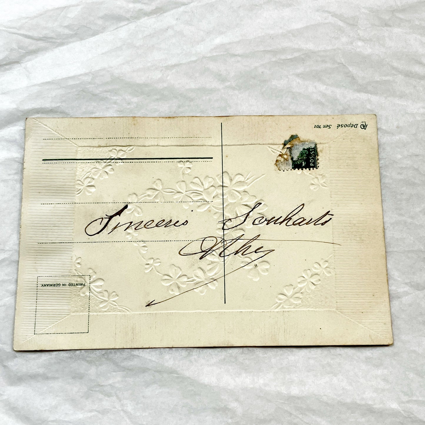 1900s - Vintage French New Year Postcard - Four-Leaf Clover Design - Embossed Paper - Antique Holiday Ephemera - Collectible Greeting Card