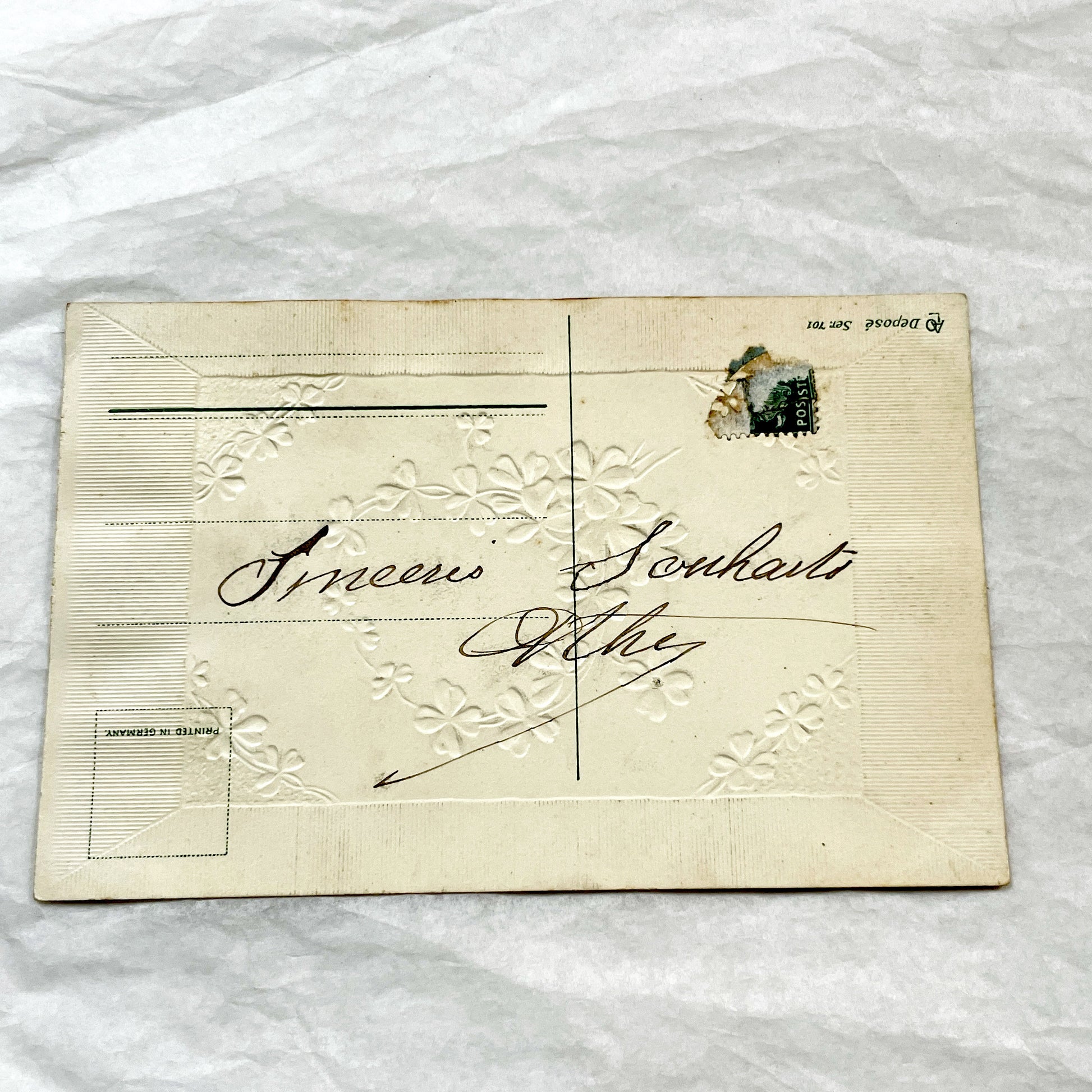 1900s - Vintage French New Year Postcard - Four-Leaf Clover Design - Embossed Paper - Antique Holiday Ephemera - Collectible Greeting Card