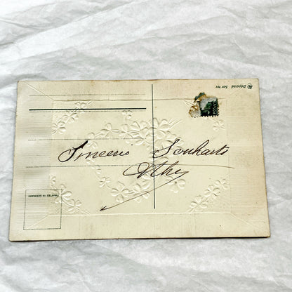1900s - Vintage French New Year Postcard - Four-Leaf Clover Design - Embossed Paper - Antique Holiday Ephemera - Collectible Greeting Card