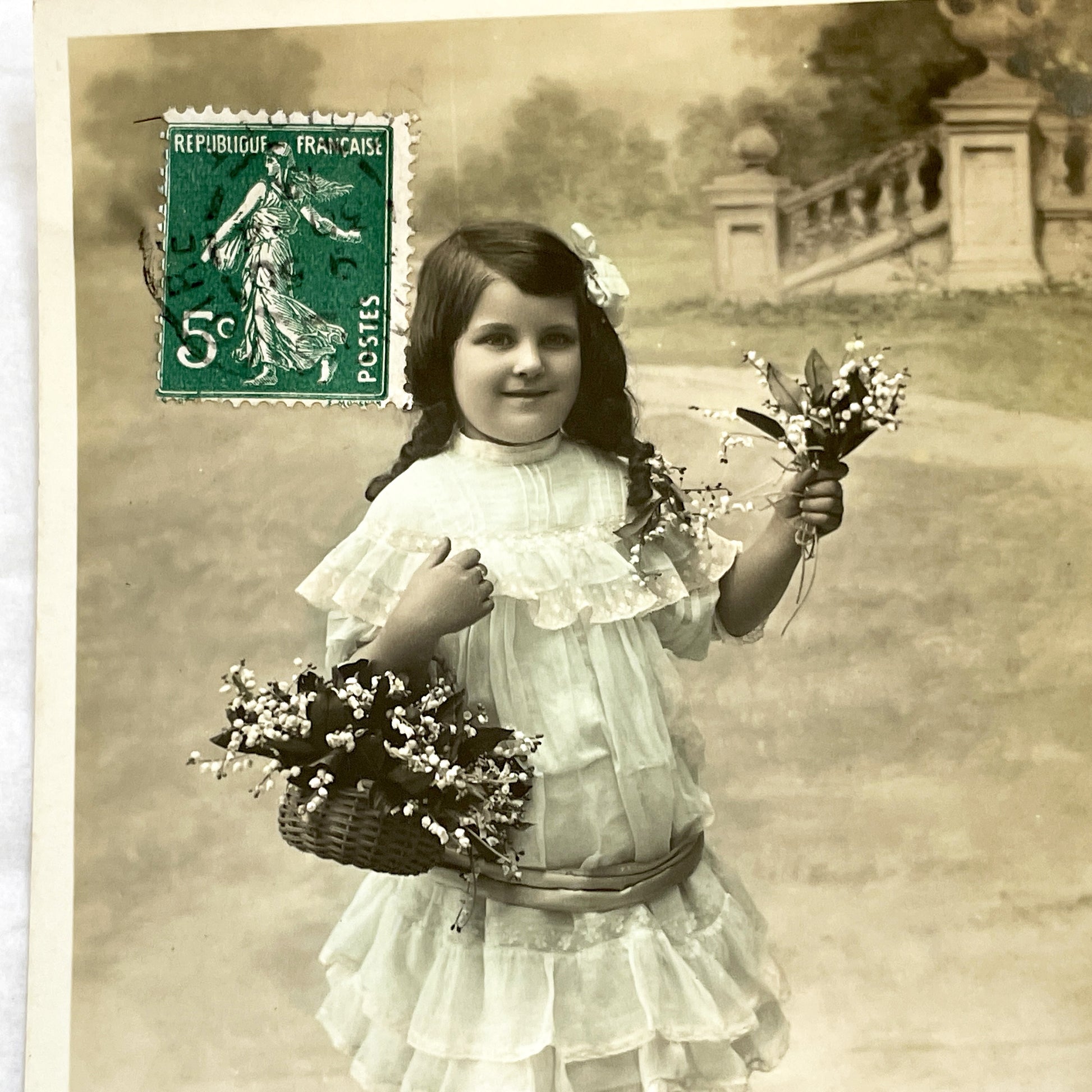 1900s - Antique French Postcard - Young Girl With Lily Of The Valley Flowers - Charming Vintage Sepia Photography Card - Ephemera Souvenir