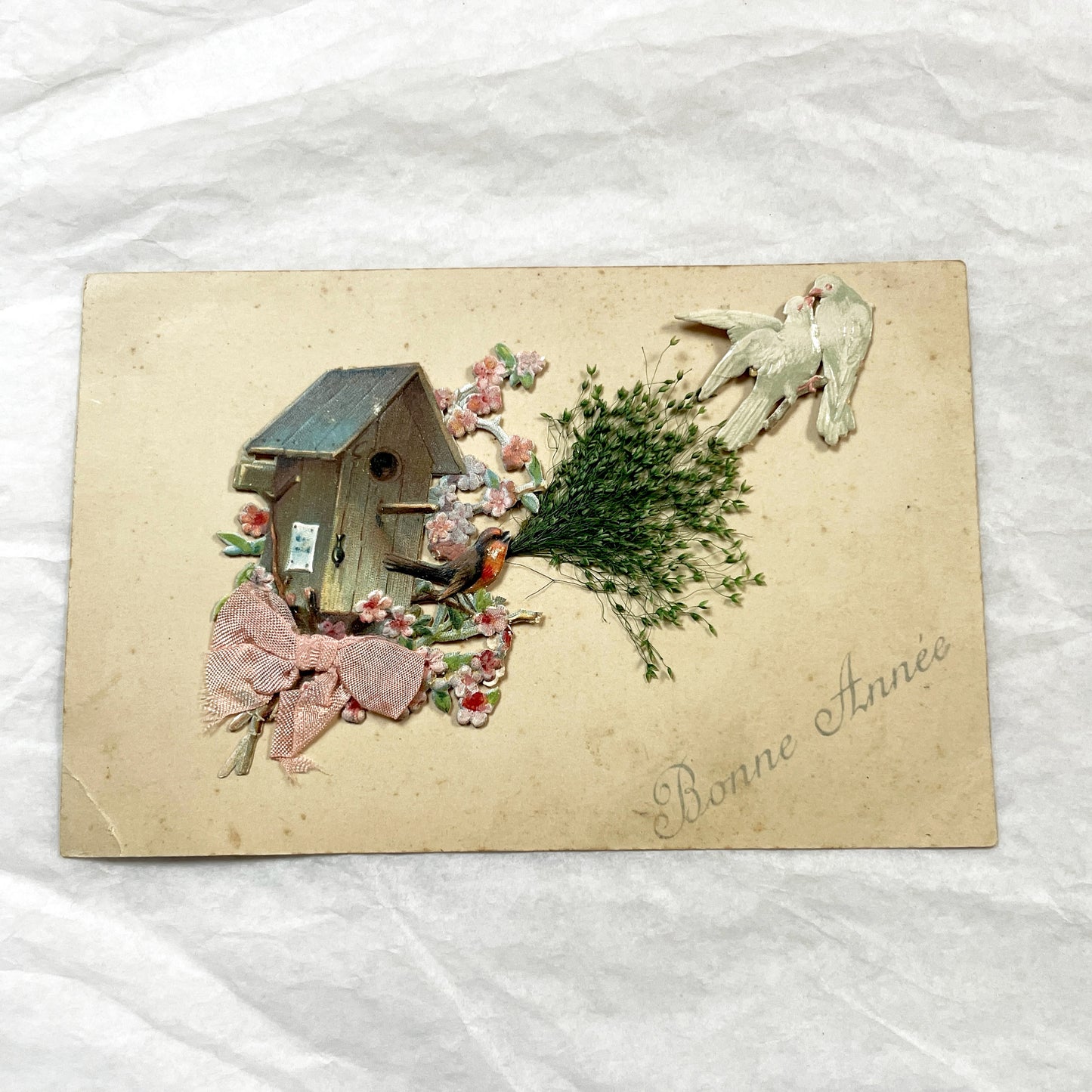 1900s - Vintage French New Year Postcard - Embossed Birdhouse with Robin - Applied Doves, Ribbon, and Dried Flora - Charming Ephemera