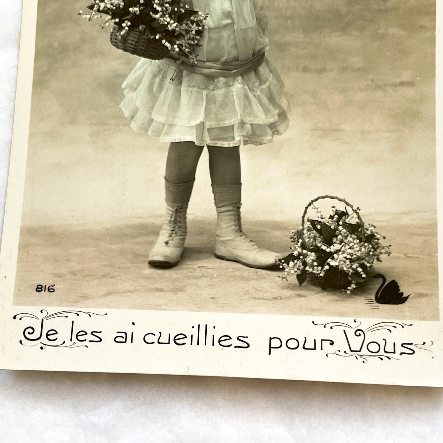 1900s - Antique French Postcard - Young Girl With Lily Of The Valley Flowers - Charming Vintage Sepia Photography Card - Ephemera Souvenir