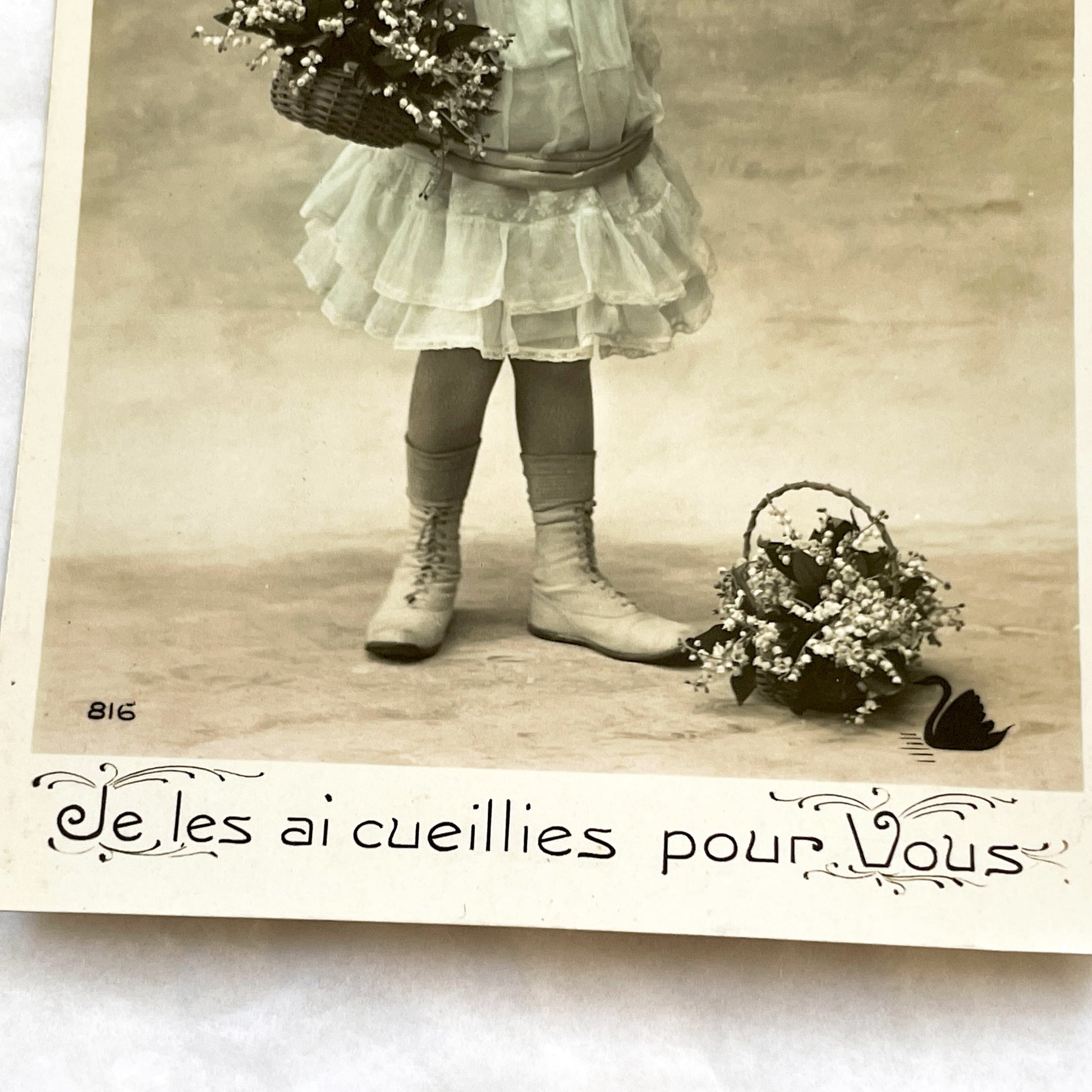 1900s - Antique French Postcard - Young Girl With Lily Of The Valley Flowers - Charming Vintage Sepia Photography Card - Ephemera Souvenir