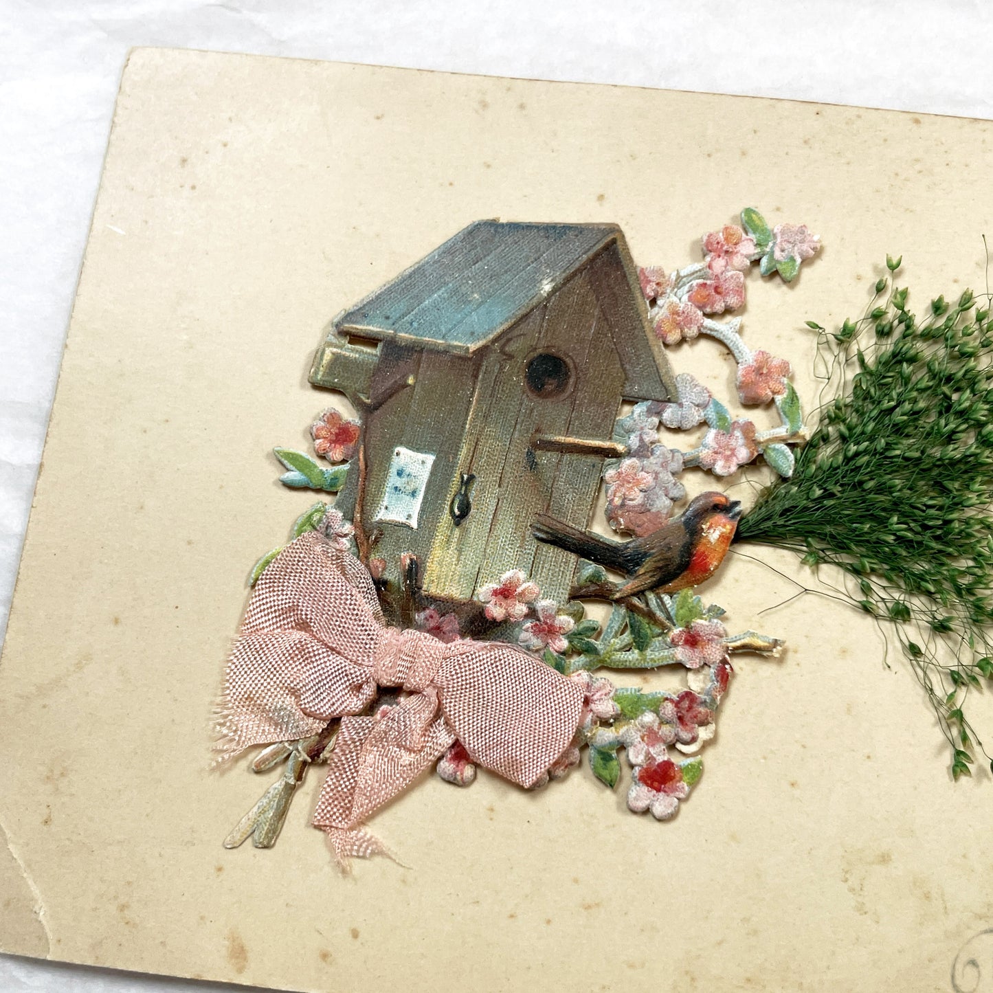 1900s - Vintage French New Year Postcard - Embossed Birdhouse with Robin - Applied Doves, Ribbon, and Dried Flora - Charming Ephemera